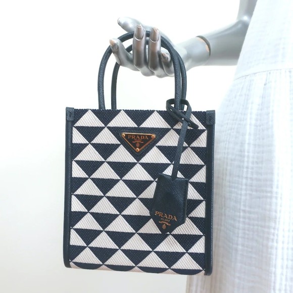 Prada Symbole Mini Tote Baltic Blue/White Embroidered Jacquard Crossbody Bag NEW - Picture 3 of 12